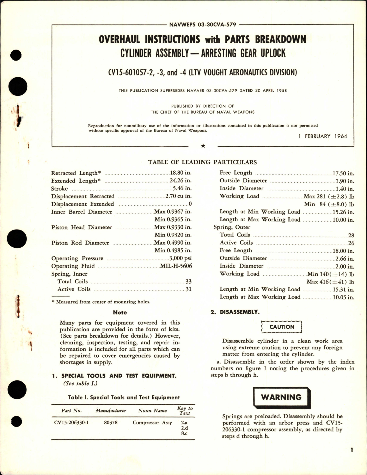 Sample page 1 from AirCorps Library document: Overhaul Instructions with Parts for Arresting Gear Uplock Cylinder Assembly 0 CV15-601057-2, CV15-601057-3, and CV15-601057-4