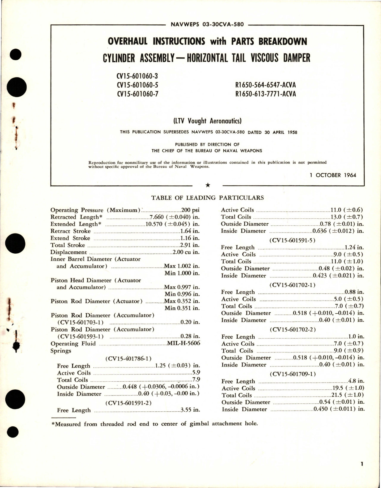 Sample page 1 from AirCorps Library document: Overhaul Instructions with Parts Breakdown for Horizontal Tail Viscous Damper Cylinder Assembly - Parts CV15-601060-3, CV15-601060-5 and CV15-601060-7