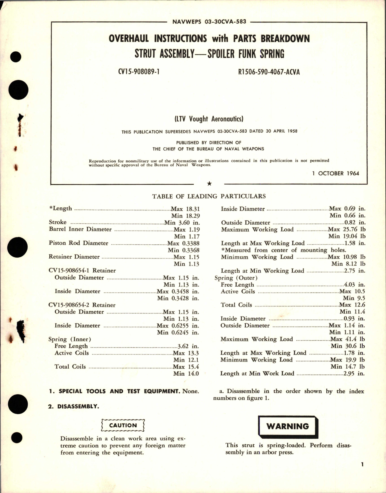 Sample page 1 from AirCorps Library document: Overhaul Instructions with Parts Breakdown for Spoiler Funk Spring Strut Assembly - CV15-908089-1