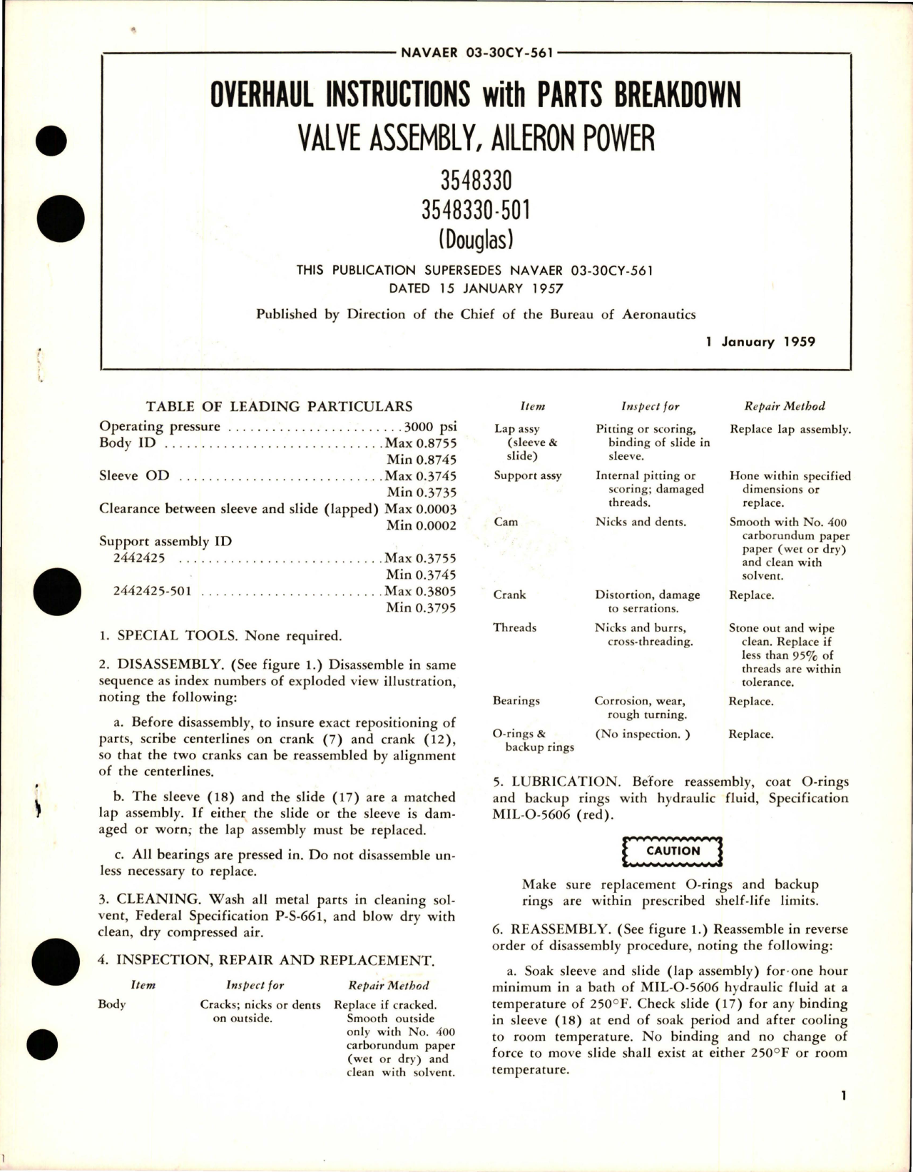 Sample page 1 from AirCorps Library document: Overhaul Instructions with Parts Breakdown for Aileron Power Valve Assembly - 3548330 and 3548330-501