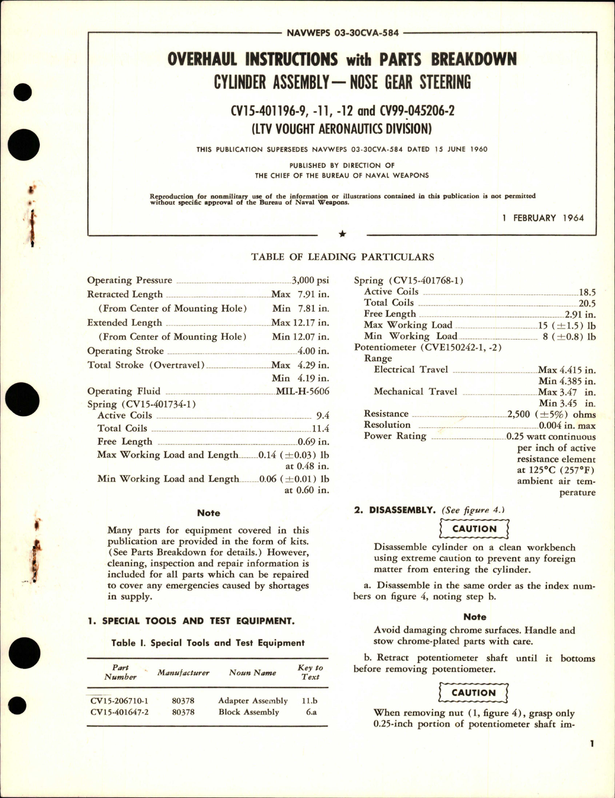 Sample page 1 from AirCorps Library document: Overhaul Instructions with Parts Breakdown for Nose Gear Steering Cylinder Assembly - CV15-401196-9, CV15-401196-11, CV15-401196-12 and CV99-045206-2