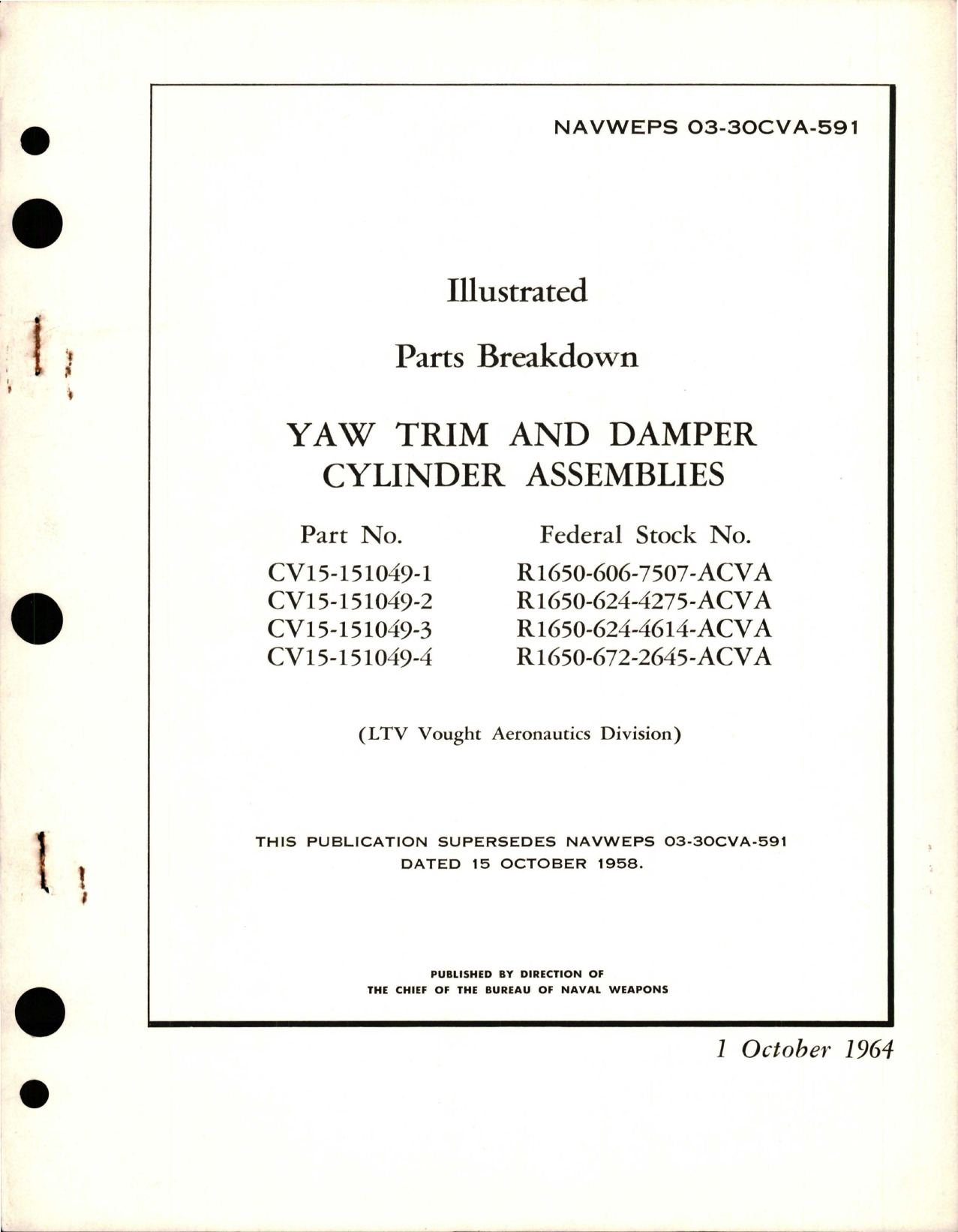 Sample page 1 from AirCorps Library document: Illustrated Parts Breakdown for Yaw Trim and Damper Cylinder Assemblies - Parts CV15-151049-1, CV15-151049-2, CV15-151049-3, and CV15-151049-4