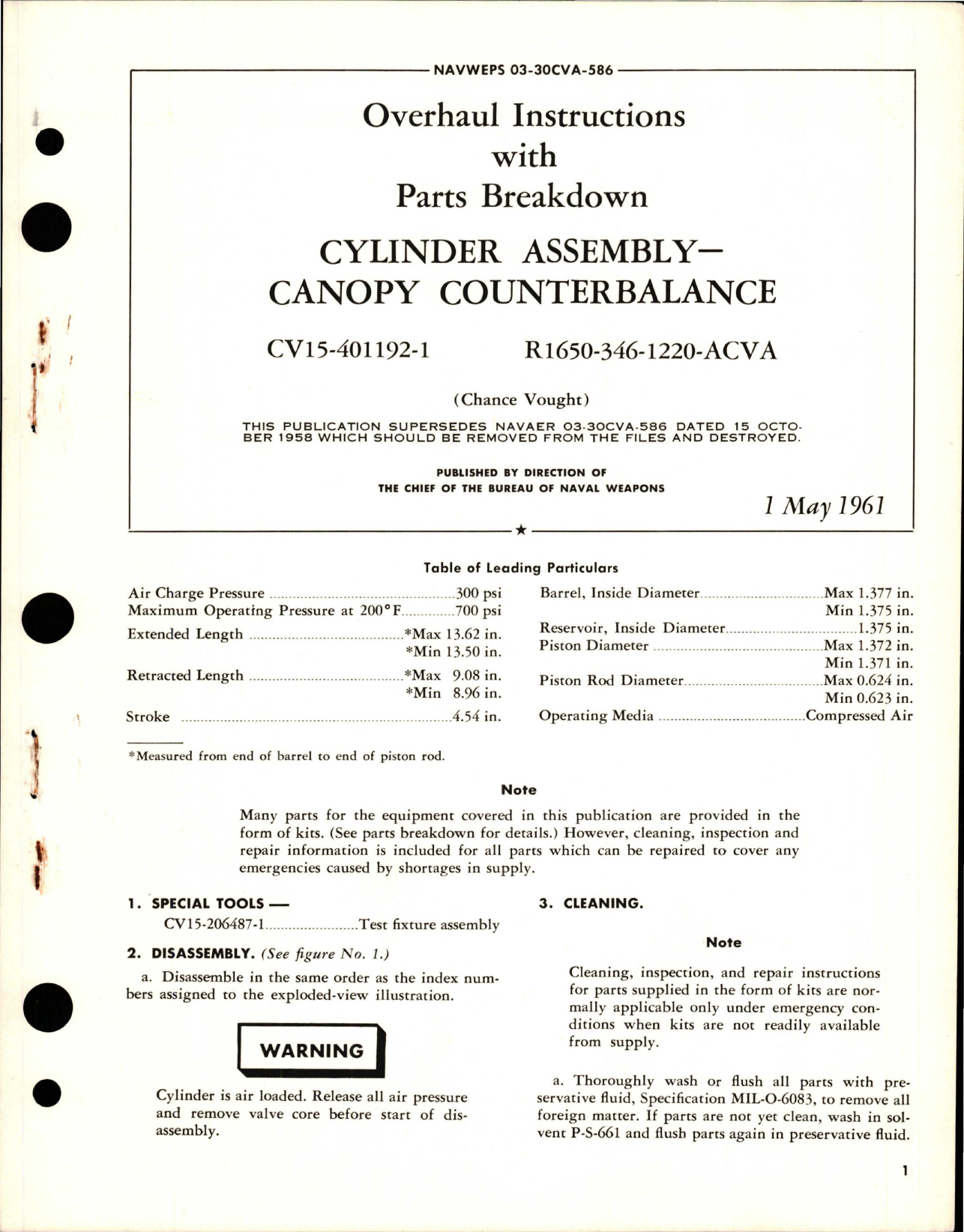 Sample page 1 from AirCorps Library document: Overhaul Instructions with Parts Breakdown for Canopy Counterbalance Cylinder Assembly - CV15-401192-1