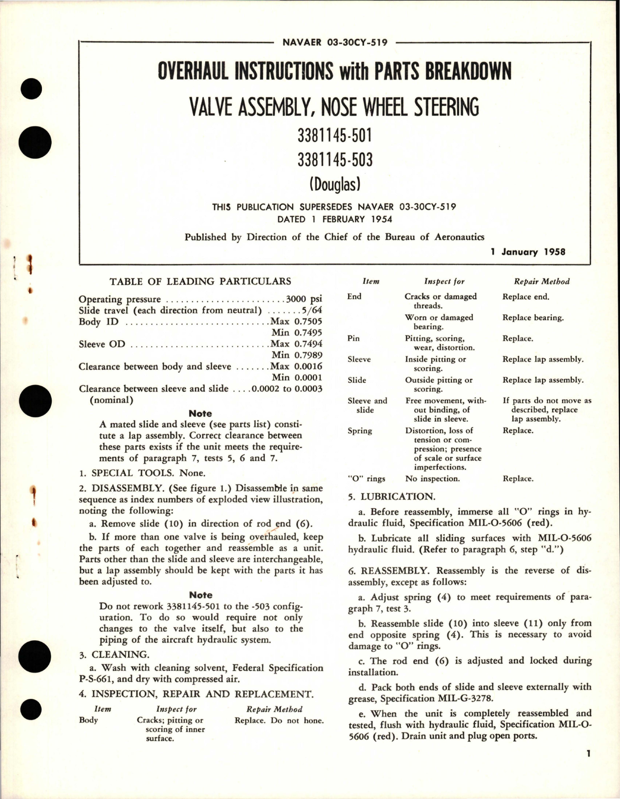 Sample page 1 from AirCorps Library document: Overhaul Instructions with Parts for Nose Wheel Steering Valve Assembly - 3381145-501, 3381145-503 
