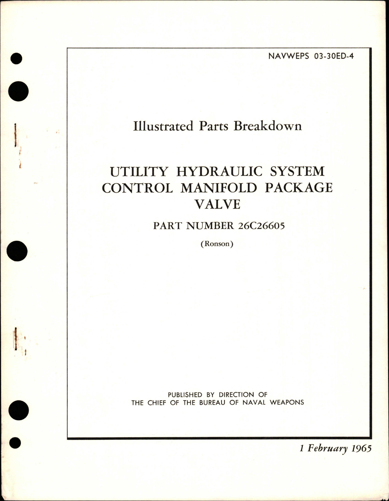 Sample page 1 from AirCorps Library document: Illustrated Parts Breakdown for Utility Hydraulic System Control Manifold Package Valve - Part 26C26605