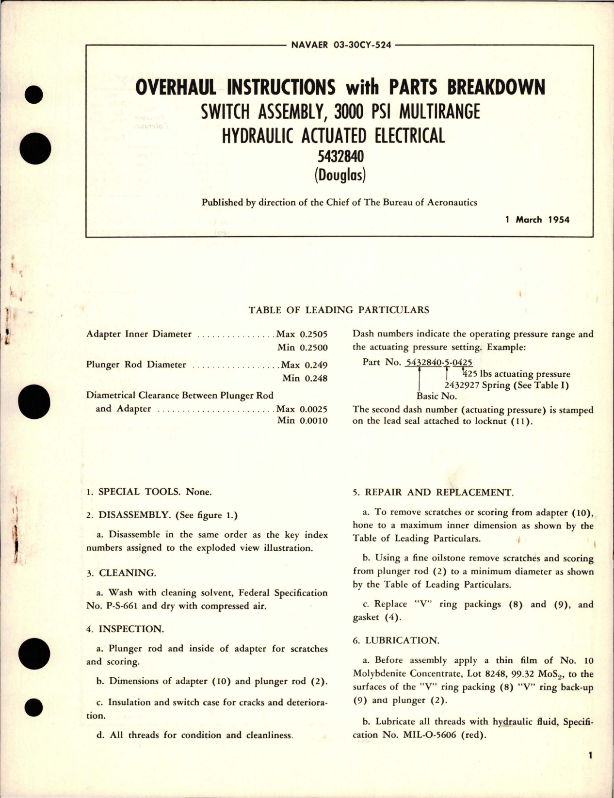 Sample page 1 from AirCorps Library document: Overhaul Instructions with Parts for 3000 PSI Multirange Hydraulic Actuated Electrical Switch Assembly - 5432840 