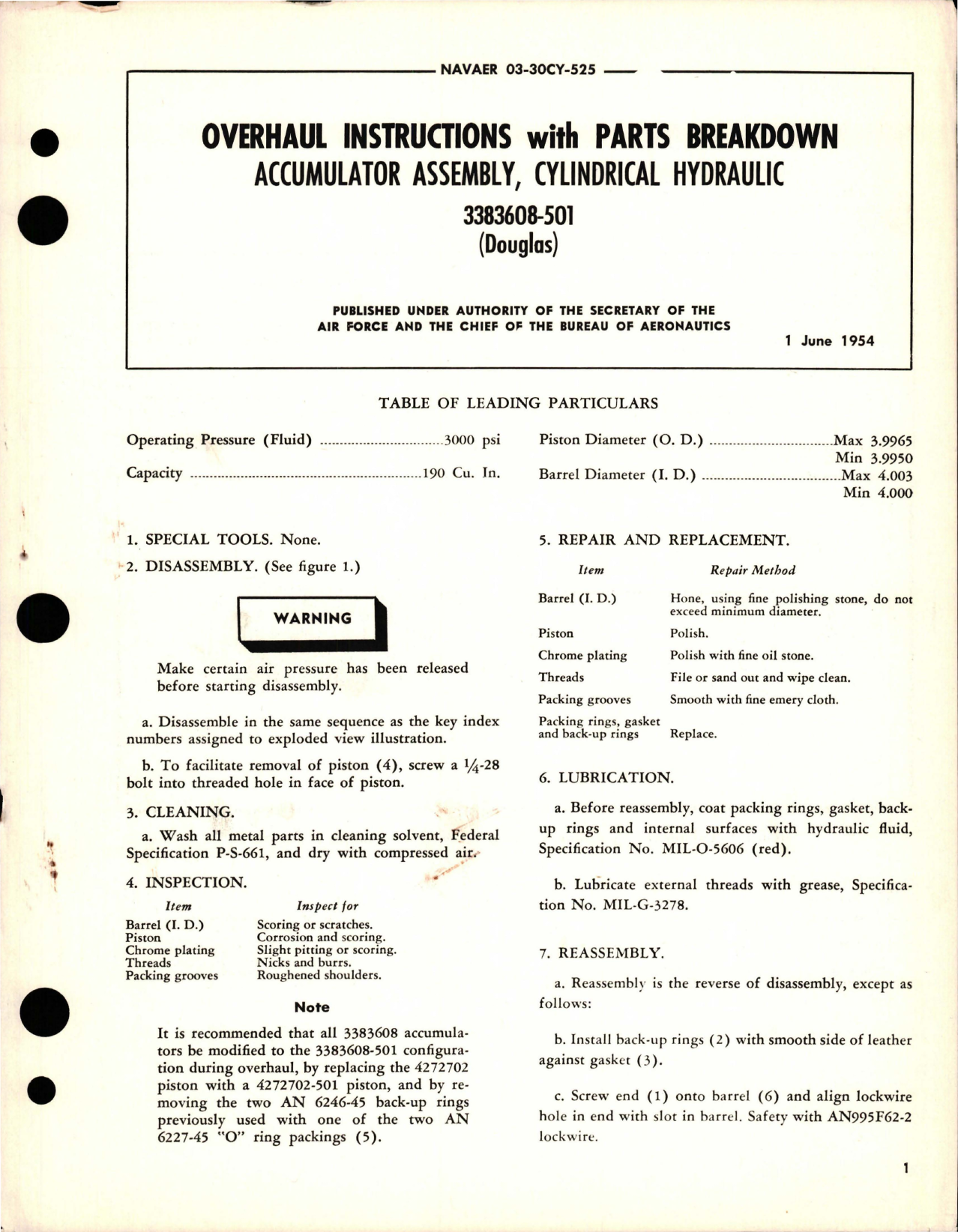 Sample page 1 from AirCorps Library document: Overhaul Instructions with Parts for Cylindrical Hydraulic Accumulator Assembly - 3383608-501