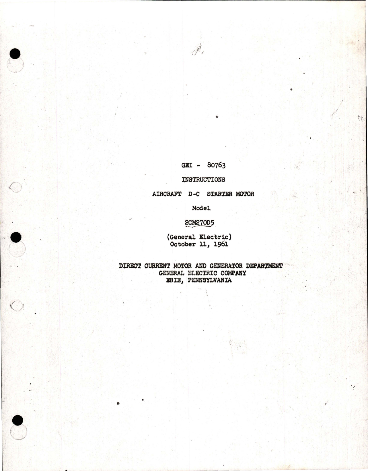 Sample page 1 from AirCorps Library document: Instructions for Aircraft DC Starter Motor - Model 2CM270D5 