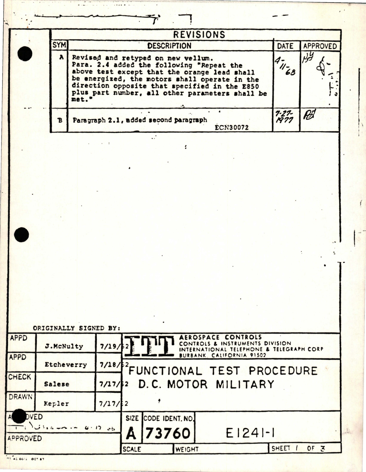 Sample page 1 from AirCorps Library document: Functional Test Procedure for DC Motor