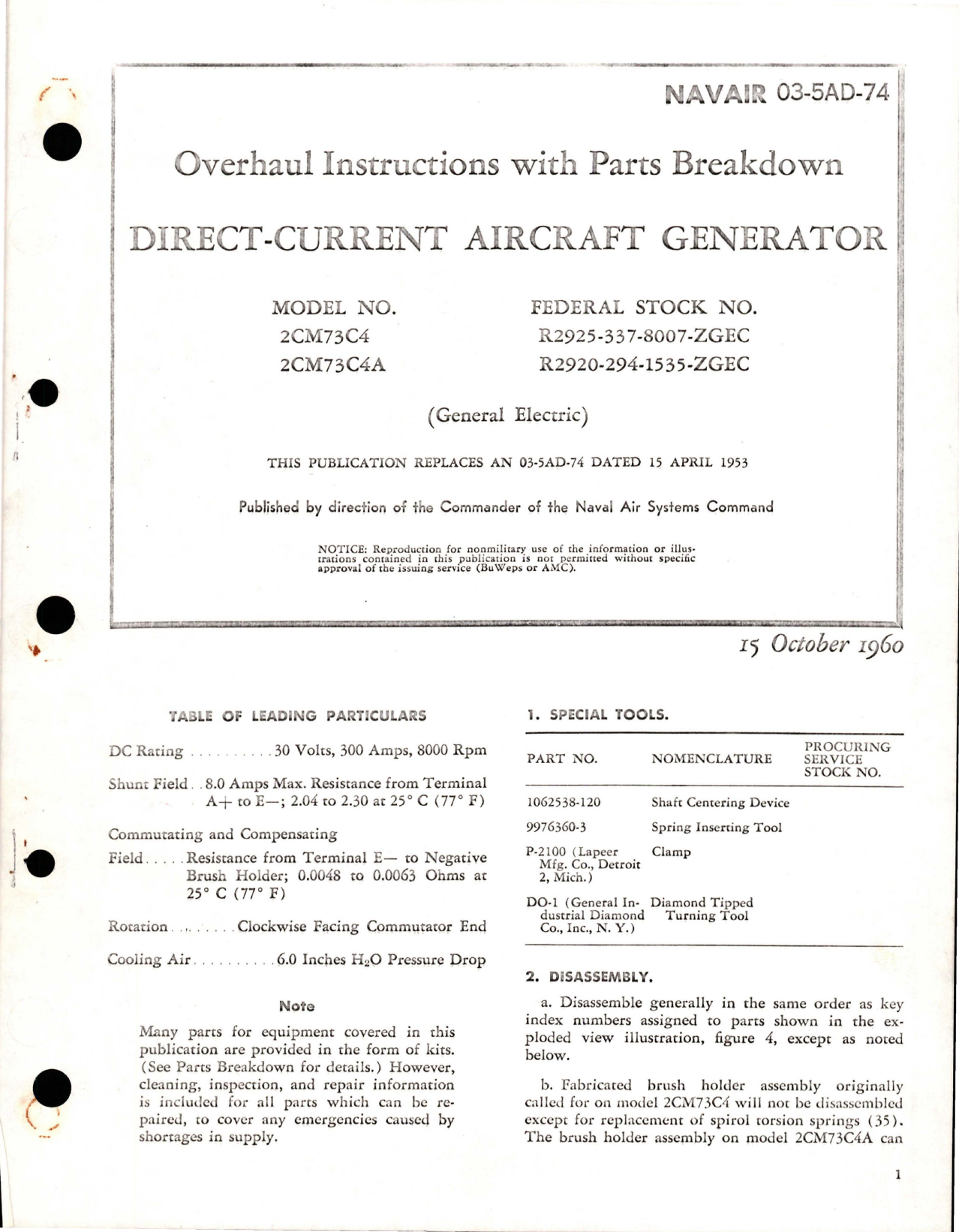 Sample page 1 from AirCorps Library document: Overhaul Instructions with Parts for Direct Current Aircraft Generator - Models 2CM73C4 and 2CM73C4A 