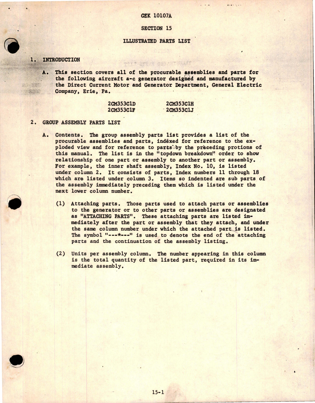 Sample page 1 from AirCorps Library document: Illustrated Parts list for Generator - GEK 10107A - Parts 2CM353C1D, 2CM353C1F, 2CM353C1H, and 2CM353C1J