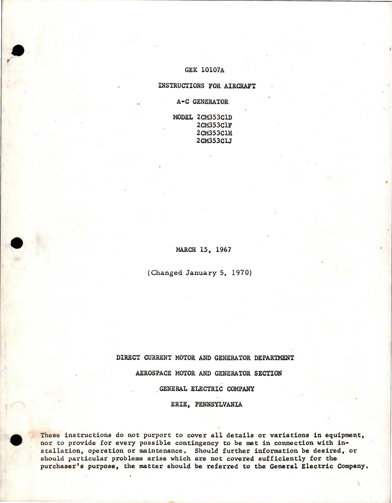 Sample page 1 from AirCorps Library document: Instructions for Aircraft A-C Generator - Models 2CM353C1D, 2CM353C1F, 2CM353C1H, and 2CM353C1J