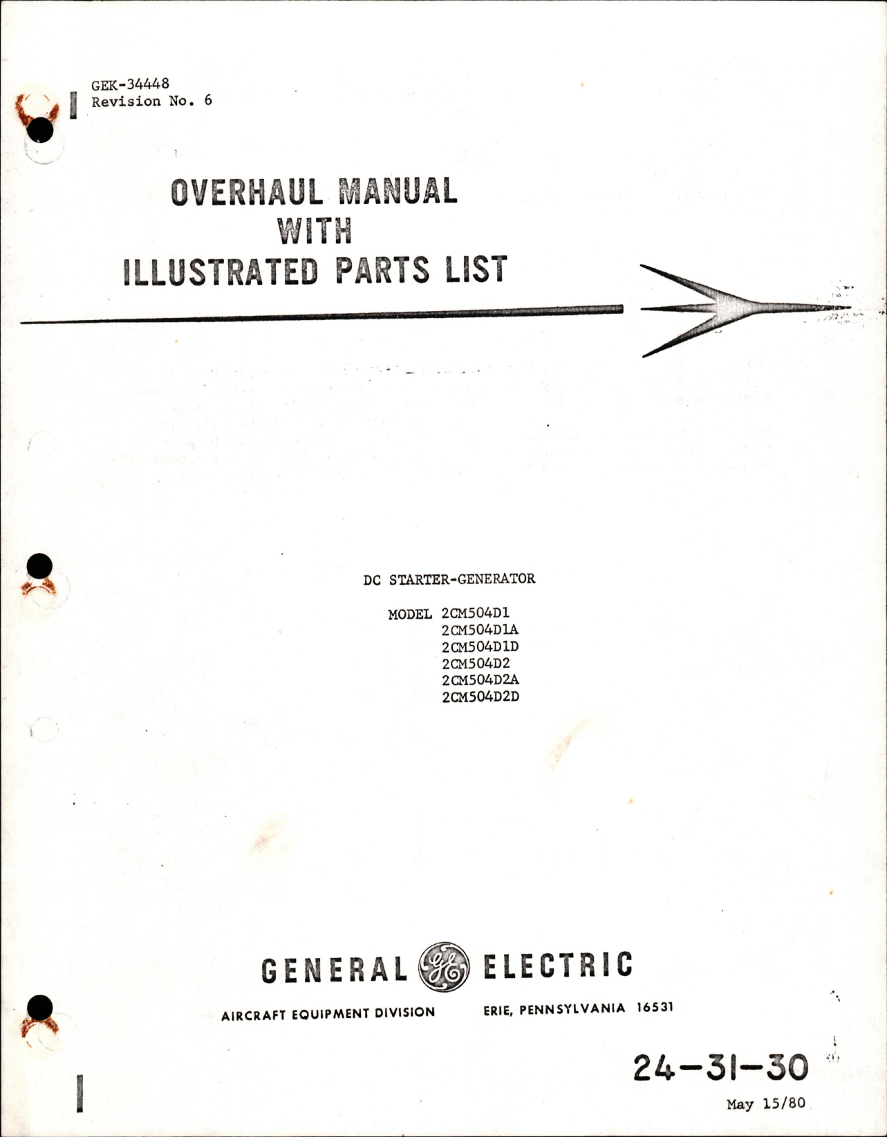 Sample page 1 from AirCorps Library document: Overhaul Manual with Illustrated Parts List for Starter Generator GEK-34448 - Revision 6