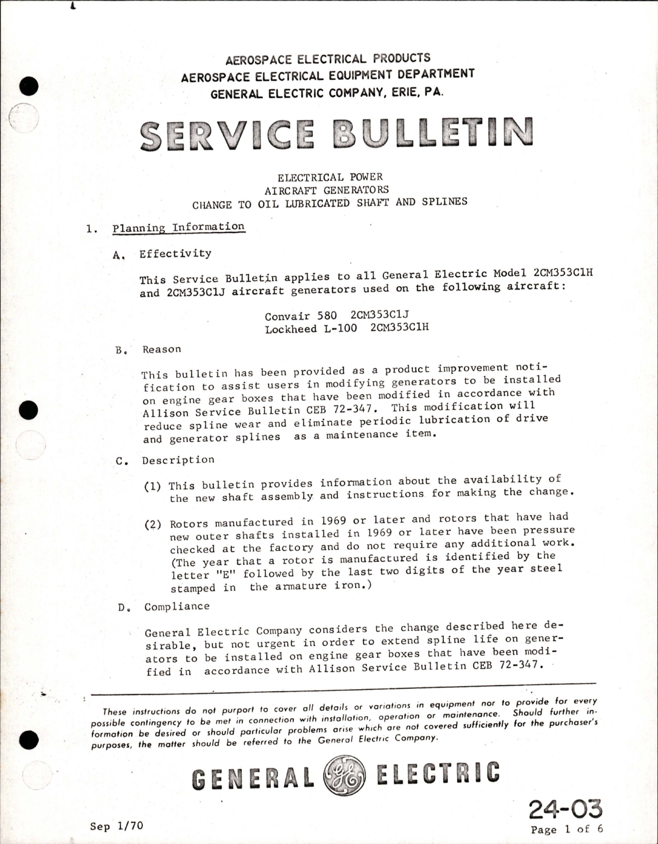 Sample page 1 from AirCorps Library document: Change to Oil Lubricated Shaft and Splines on Electrical Power Aircraft Generators 