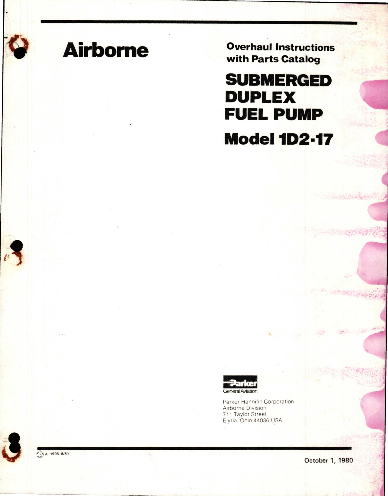 Sample page 1 from AirCorps Library document: Overhaul Instructions with Parts Catalog for Submerged Duplex Fuel Pump - Model 1D2-17 (Parker