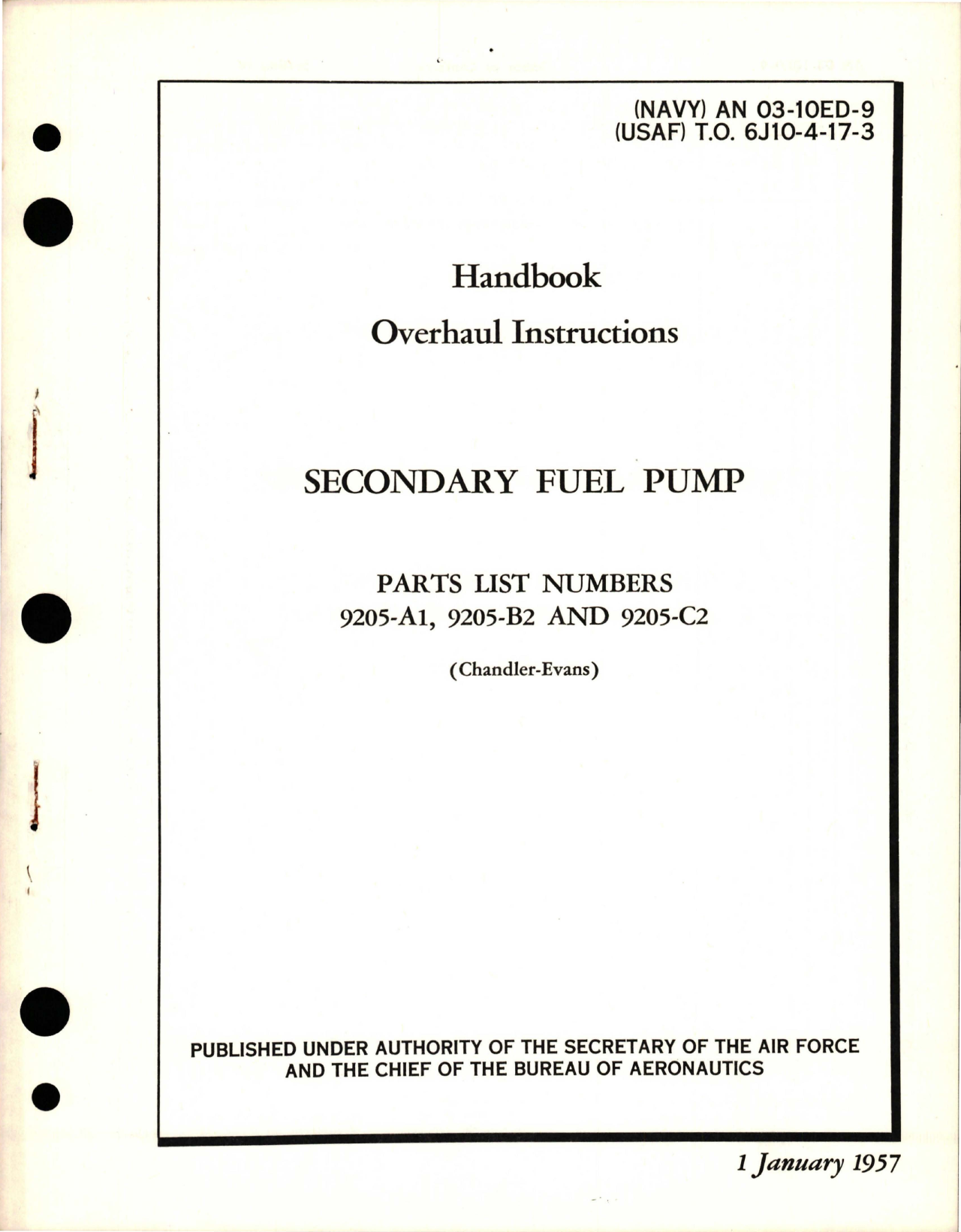 Sample page 1 from AirCorps Library document: Overhaul Instructions for Secondary Fuel Pump - Parts 9205-A1, 9205-B2 and 9205-C2