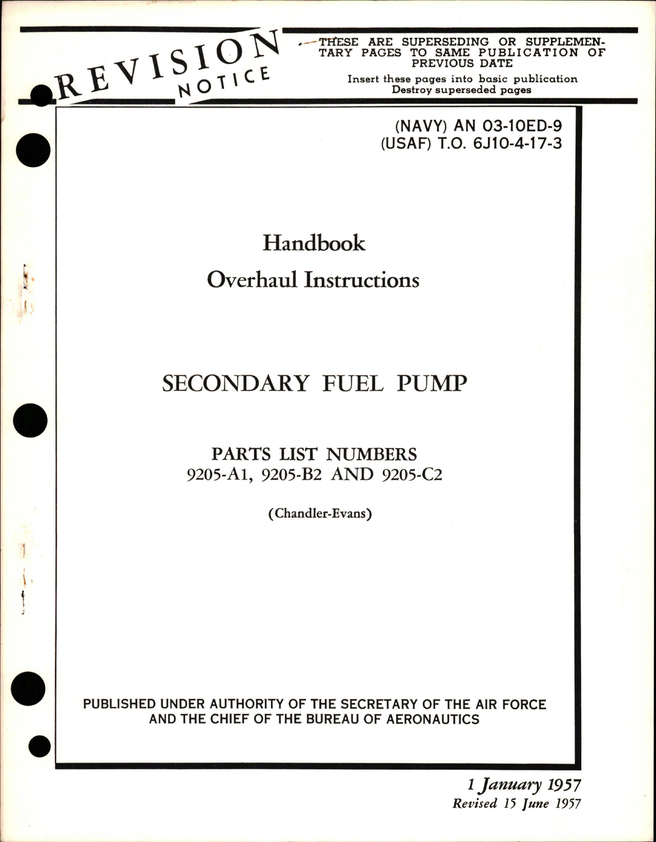 Sample page 1 from AirCorps Library document: Overhaul Instructions for Secondary Fuel Pump - Parts 9205-A1, 9205-B2 and 9205-C2