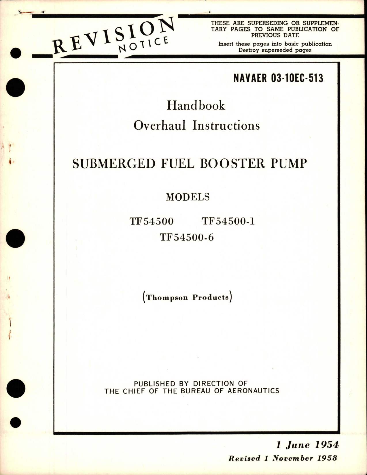 Sample page 1 from AirCorps Library document: Overhaul Instructions for Submerged Fuel Booster Pump - Models TF54500, TF54500-1, TF54500-6