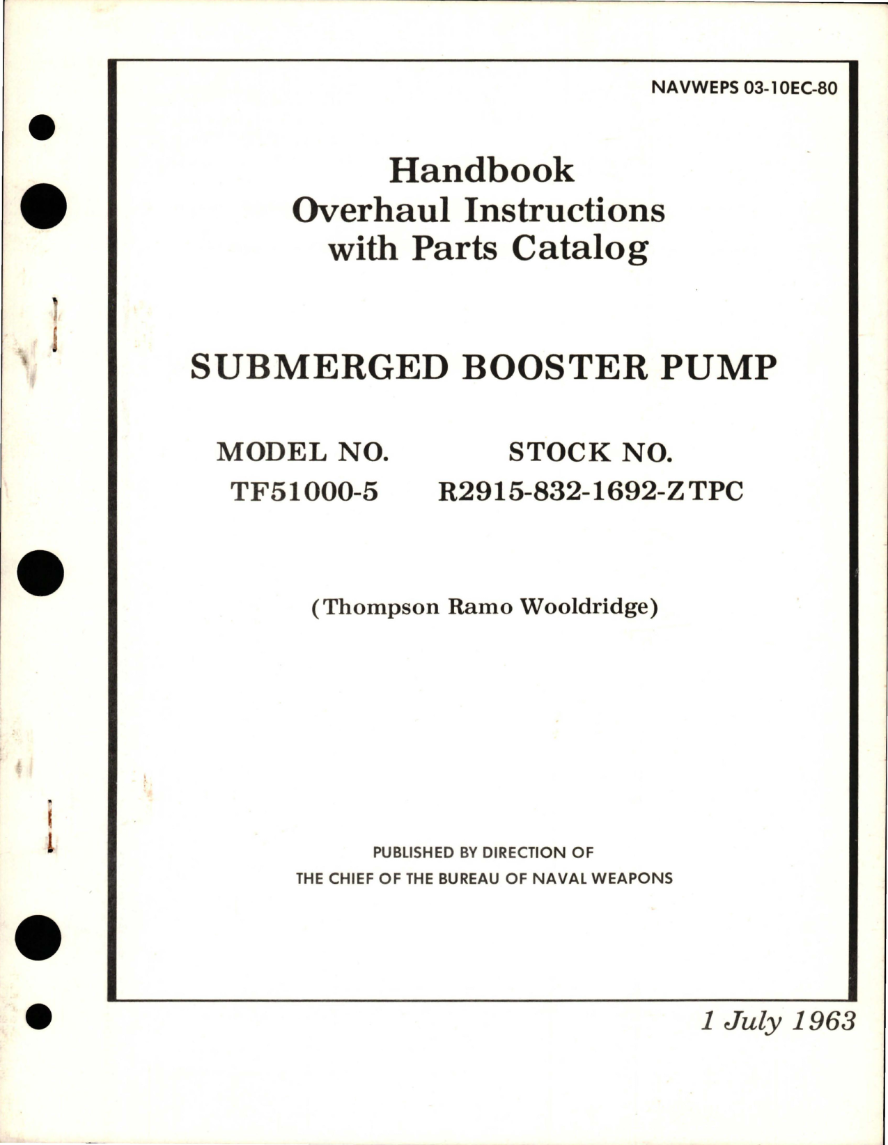 Sample page 1 from AirCorps Library document: Overhaul Instructions with Parts Catalog for Submerged Booster Pump - Model TF51000-5