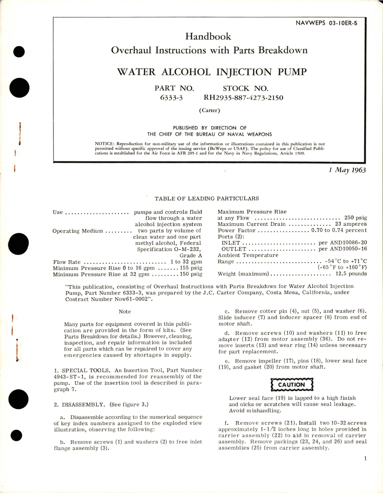 Sample page 1 from AirCorps Library document: Overhaul Instructions with Parts Breakdown for Water Alcohol Injection Pump - Part 6333-3