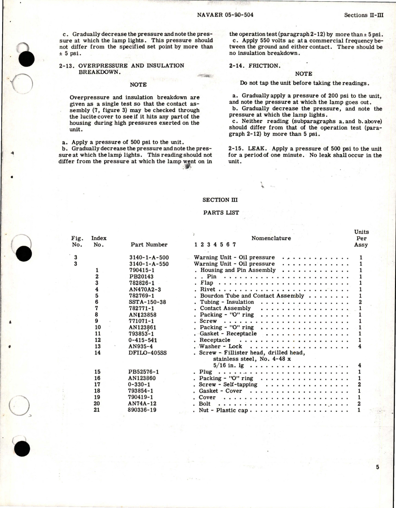 Sample page 7 from AirCorps Library document: Operation, Service and Overhaul with Parts for Oil Pressure Warning Unit - Parts 3140-1-A-500 and 3140-1-A-550