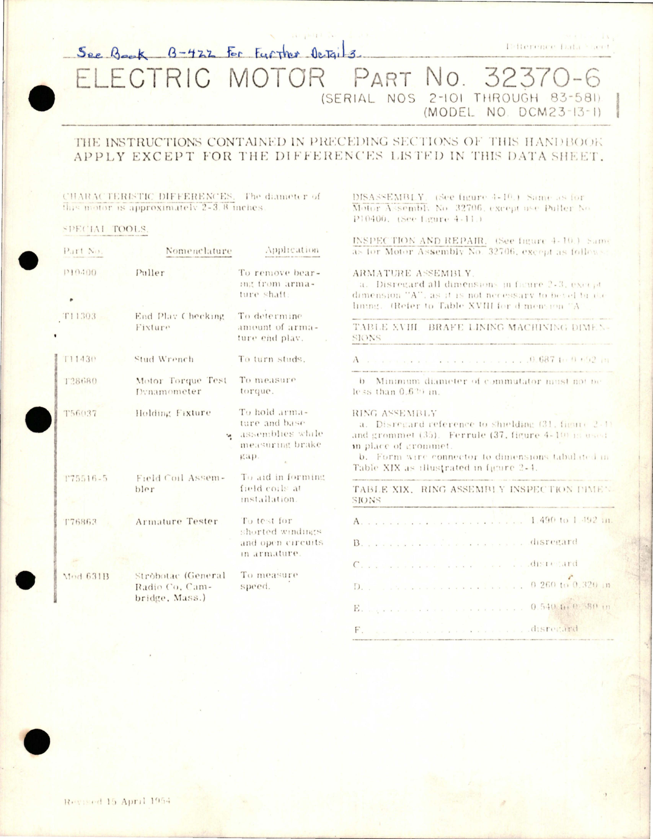 Sample page 1 from AirCorps Library document: Difference Data Sheet for Electric Motor - Part 32370-6 - Model DCM23-13-1