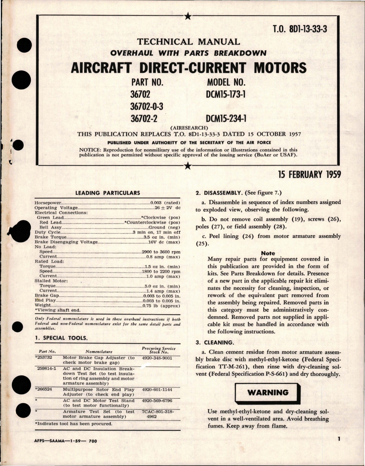 Sample page 1 from AirCorps Library document: Overhaul with Parts for Aircraft Direct Current Motors - Parts 36702, 36702-0-3 and 36702-2