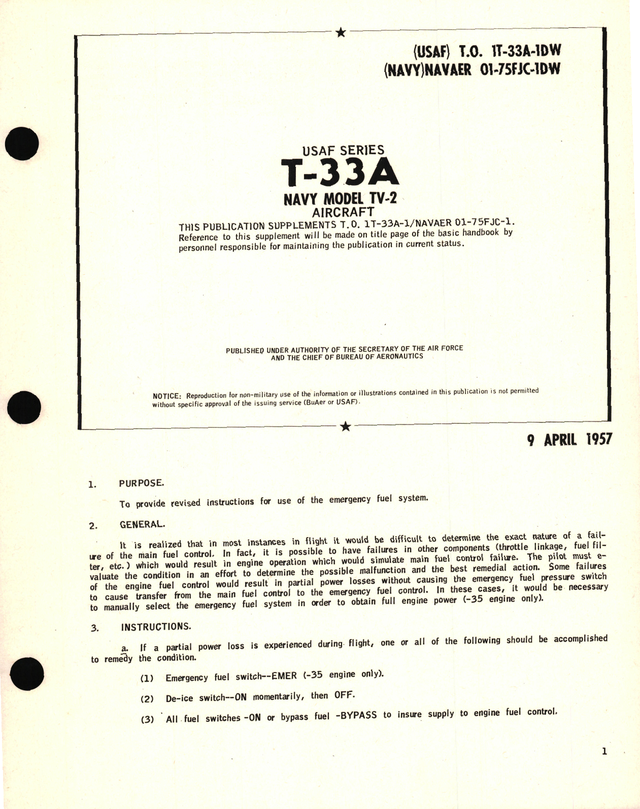 Sample page 1 from AirCorps Library document: Supplement to T-33A,TV-2 Flight Handbook