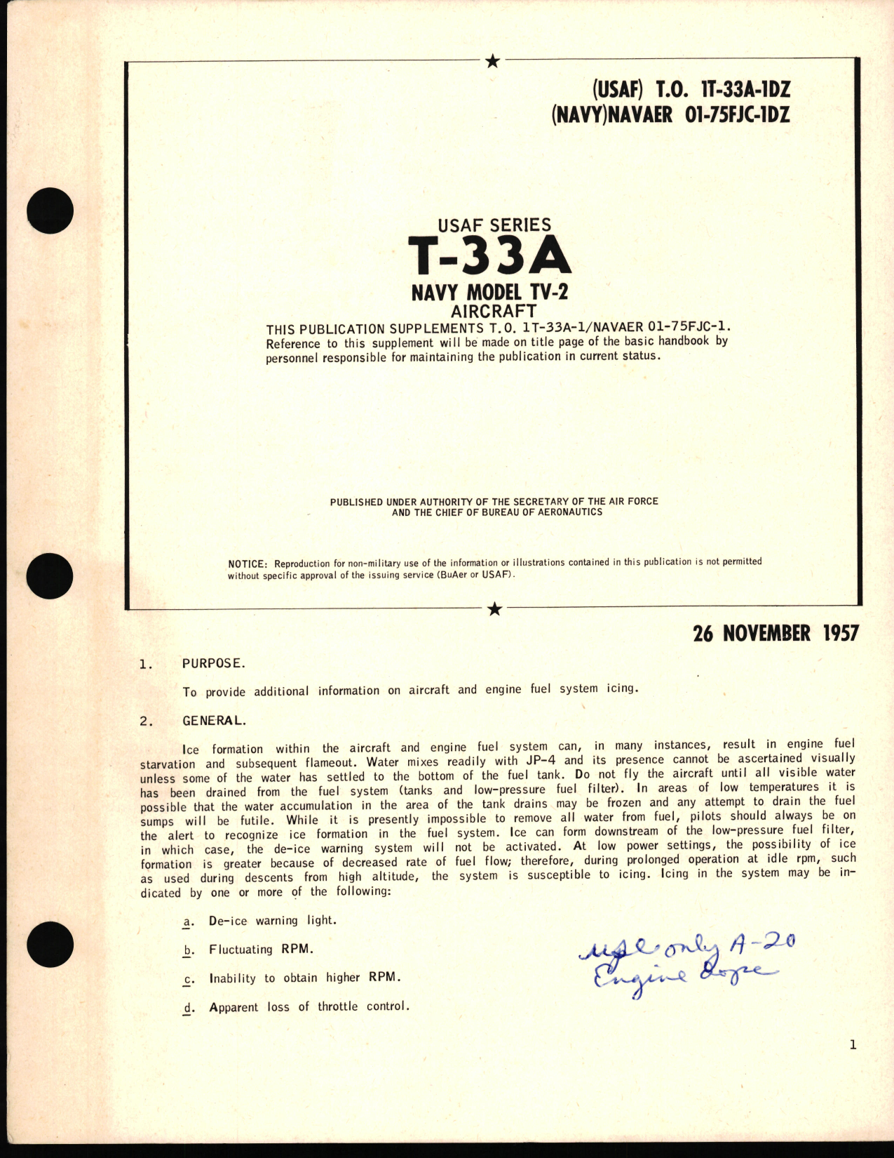 Sample page 1 from AirCorps Library document: Supplement to T-33A,TV-2 Flight Handbook