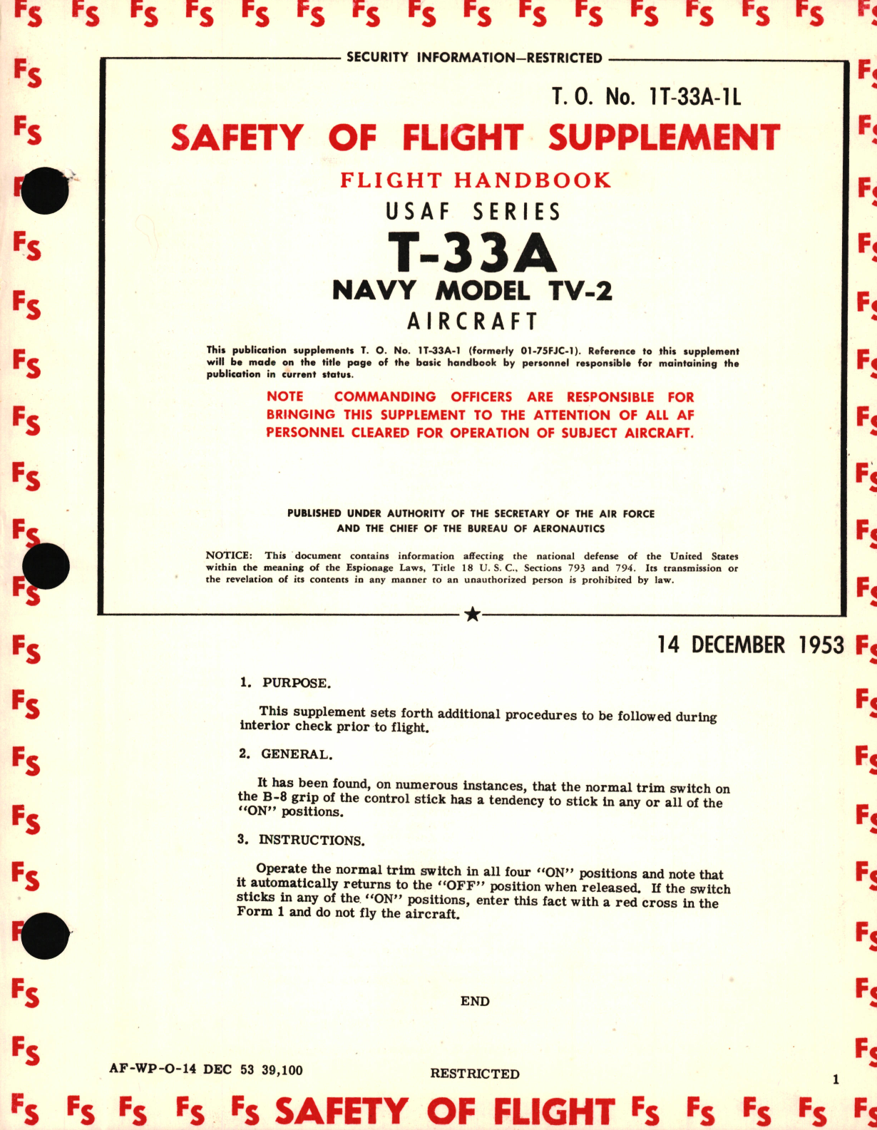 Sample page 1 from AirCorps Library document: Safety Supplement for Flight Handbook for T-33A, Navy Model TV-2 Aircraft