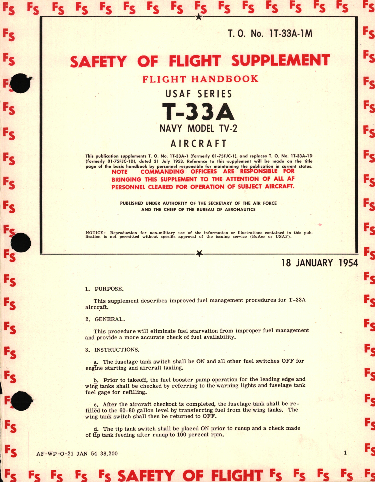 Sample page 1 from AirCorps Library document: Safety Supplement for Flight Handbook for T-33A, Navy Model TV-2 Aircraft