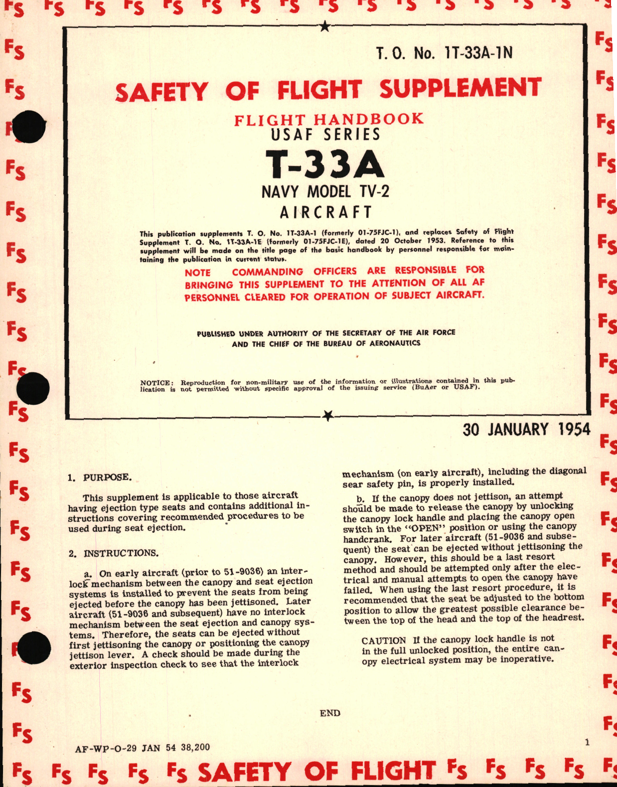 Sample page 1 from AirCorps Library document: Safety Supplement for Flight Handbook for T-33A, Navy Model TV-2 Aircraft
