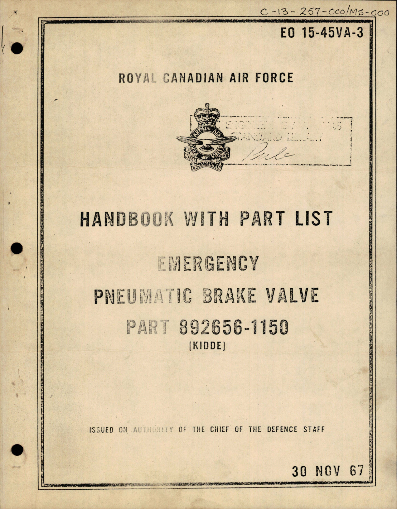 Sample page 1 from AirCorps Library document: Handbook w Parts List for Emergency Pneumatic Brake Valve - Part 892656-1150