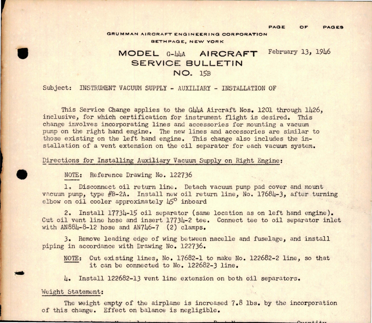 Sample page 1 from AirCorps Library document: Installation of Instrument Vacuum Supply - Auxiliary - Model G-44A