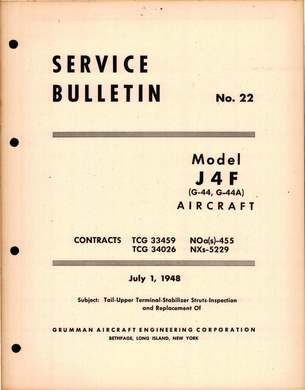 Sample page 1 from AirCorps Library document: Inspection and Replacement of Tail Upper Terminal Stabilizer Struts - Model J4F (G-44, G-44A) 