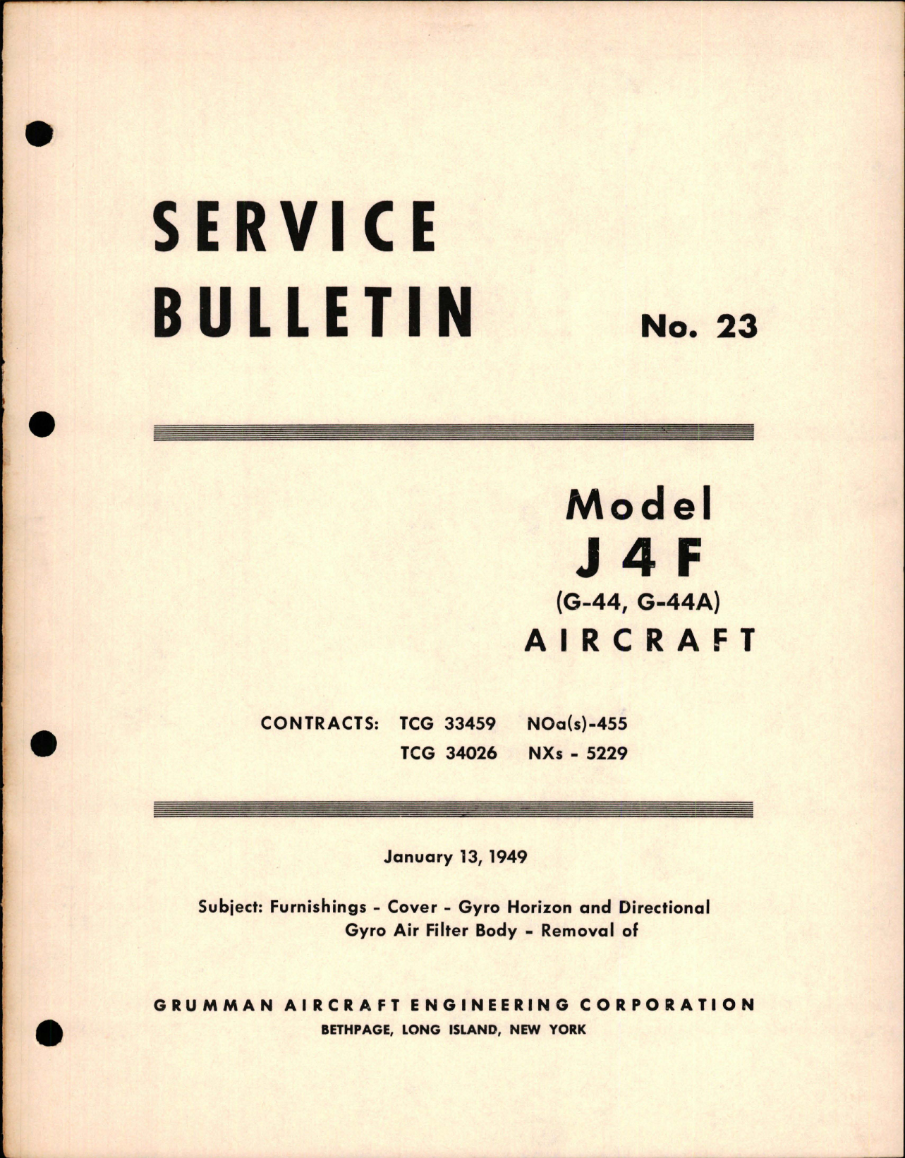 Sample page 1 from AirCorps Library document: Removal of Furnishings, Cover, Gyro Horizon and Directional Gyro Air Filter Body - Model J4F (G-44, G-44A)