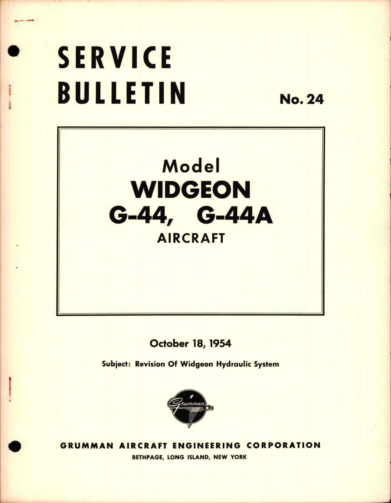 Sample page 1 from AirCorps Library document: Revision of Widgeon Hydraulic System - Models G-44 and G-44A