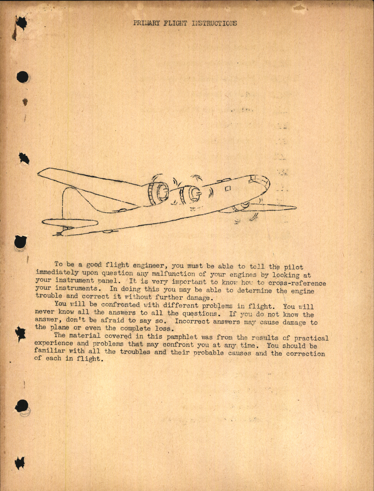 Sample page 1 from AirCorps Library document: Primary Flight Instructions for B-24, C-87, and B-17, Flight Engineer Division