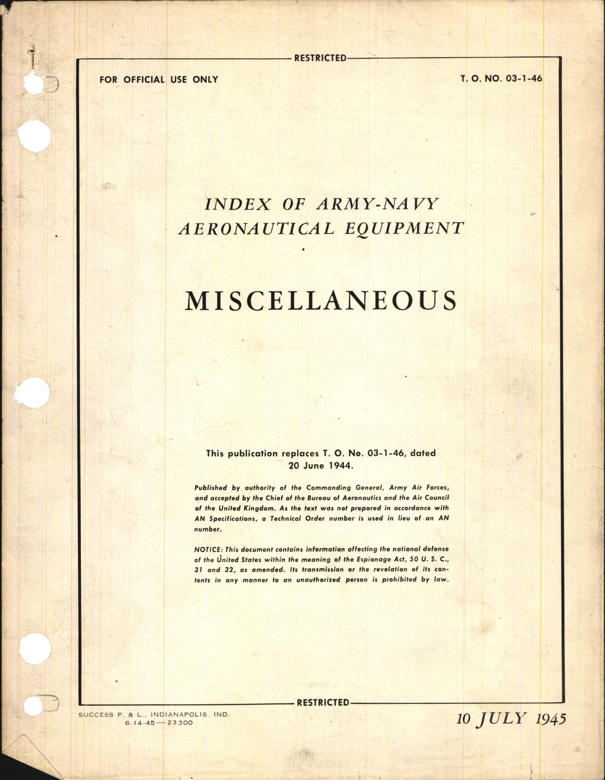 Sample page 1 from AirCorps Library document: Index of Army-Navy Aeronautical Equipment - Miscellaneous