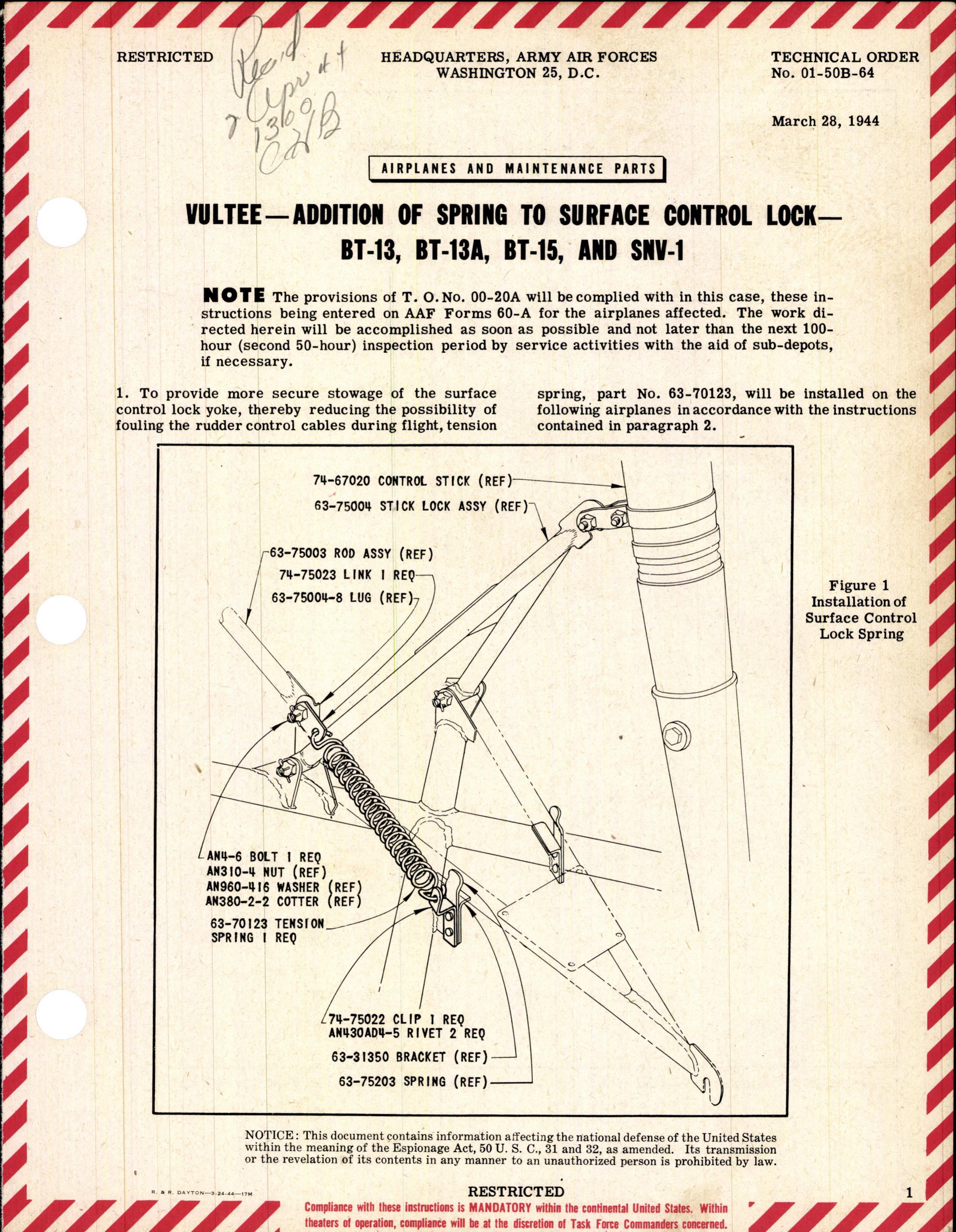 Sample page 1 from AirCorps Library document: Addition of Spring to Surface Control Lock - BT-12, BT-13A, BT-15, and SNV-1