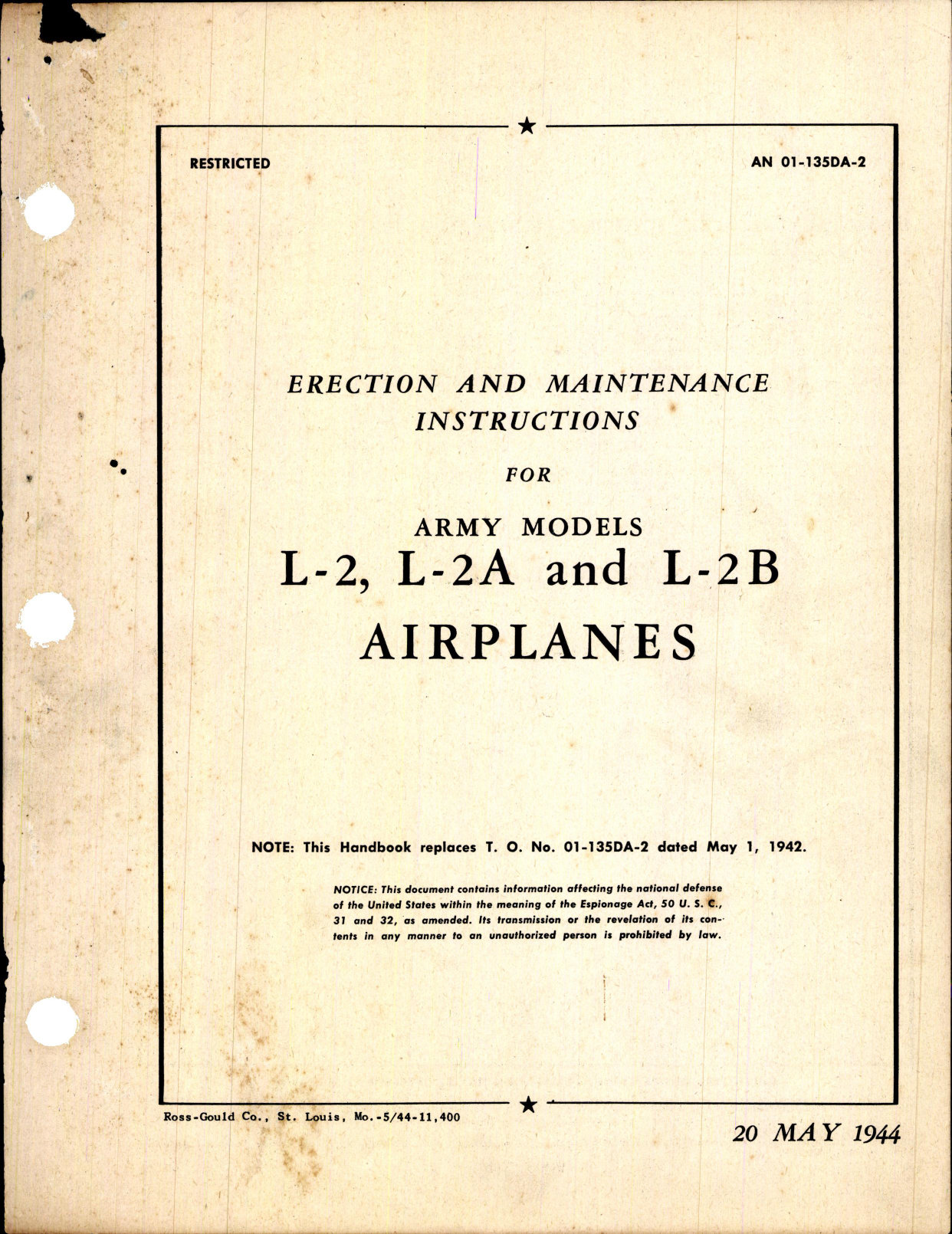 Sample page 1 from AirCorps Library document: Erection & Maintenance Instructions for L-2 Airplanes