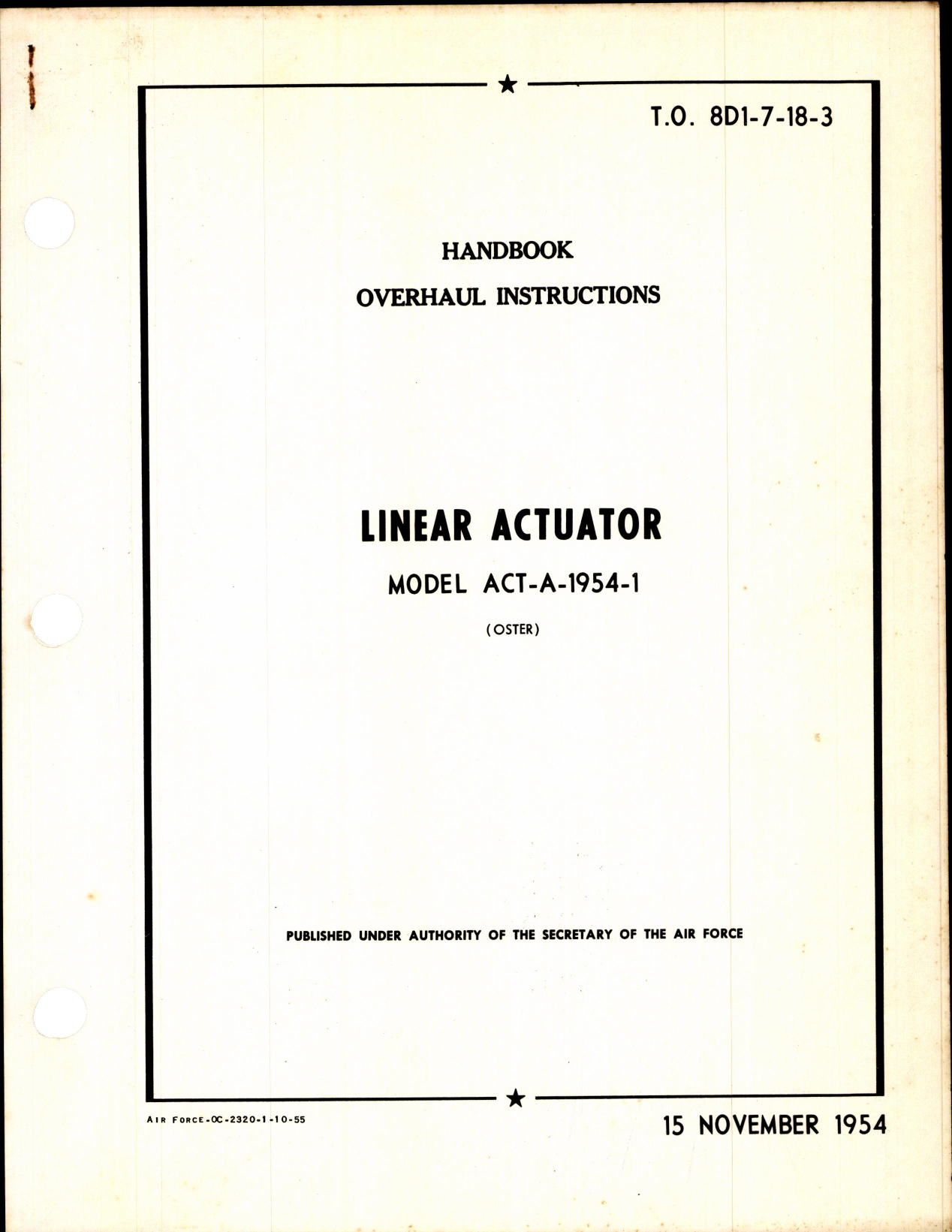 Sample page 1 from AirCorps Library document: Linear Actuator Model ACT-A-1954-1