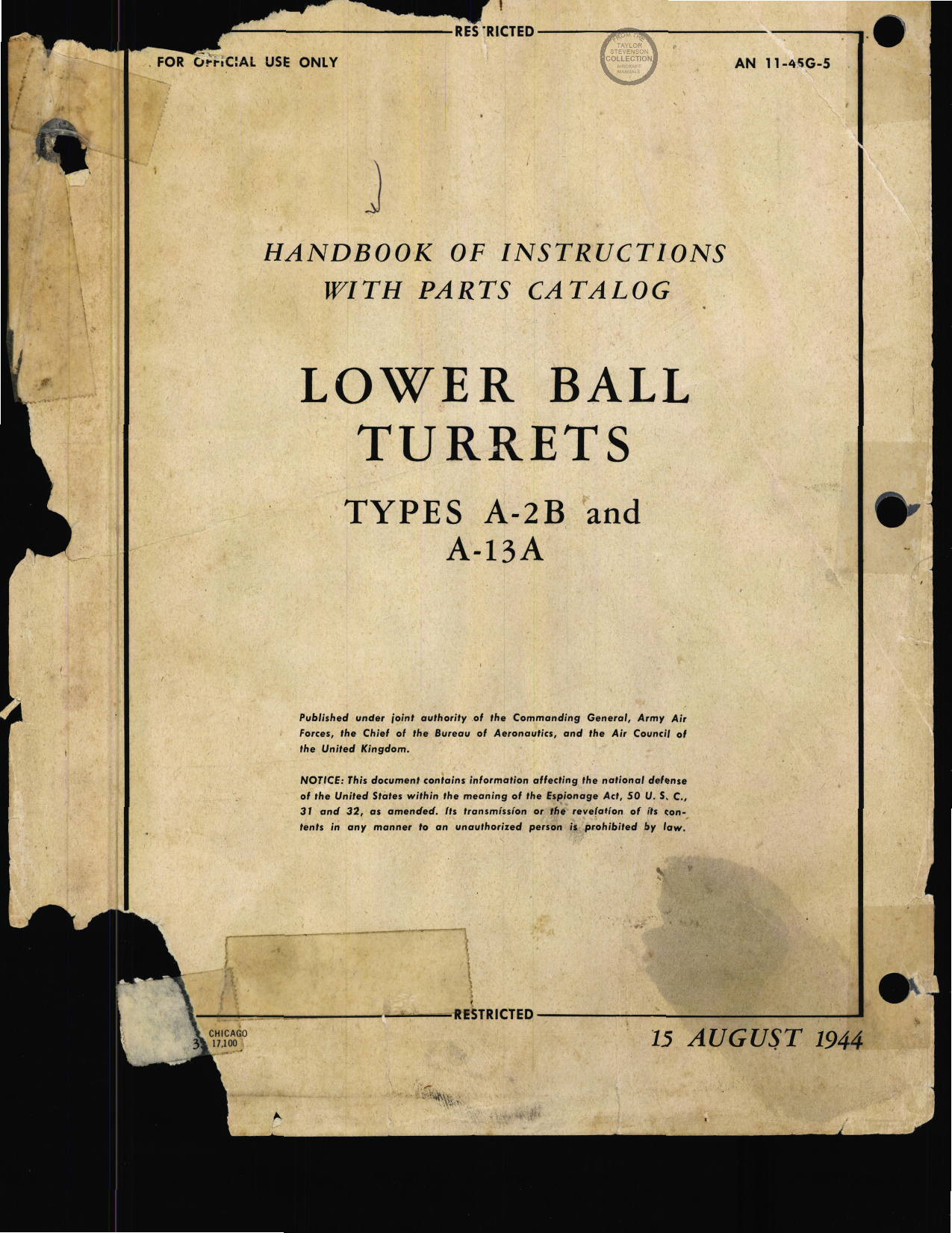 Sample page 1 from AirCorps Library document: Handbook of Instructions with Parts Catalog for Lower Ball Turret Types A-2B and A-13A