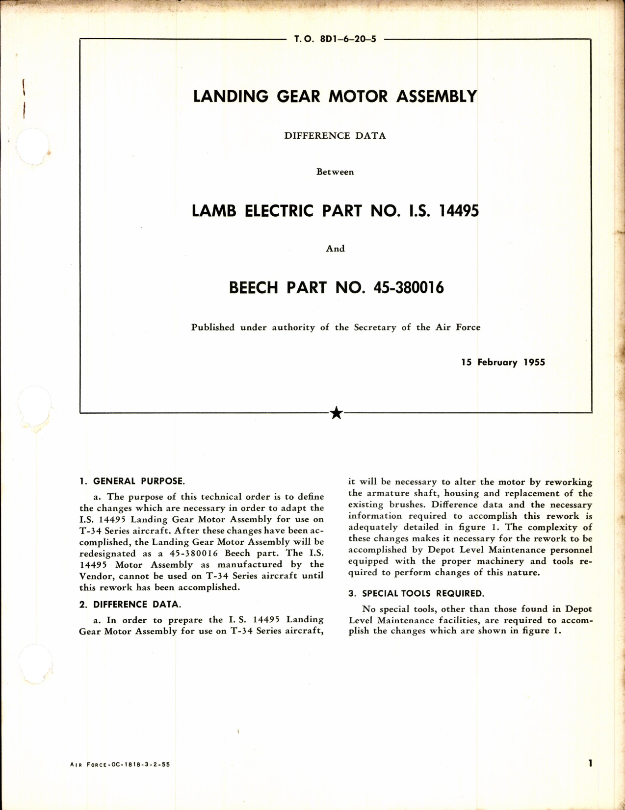 Sample page 1 from AirCorps Library document: Landing Gear Motor Assembly Difference Between Lamb & Beech