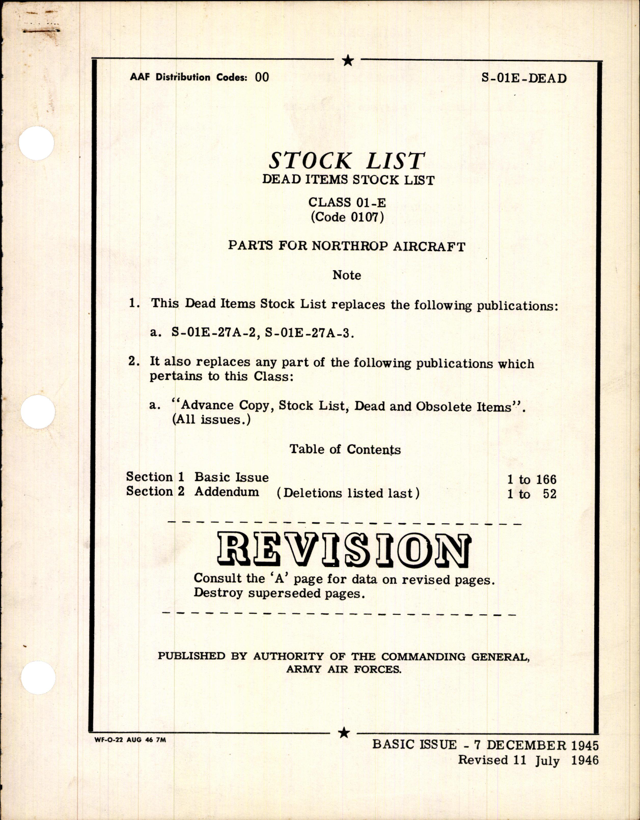 Sample page 1 from AirCorps Library document: Dead Items Stock List for Northrop Aircraft