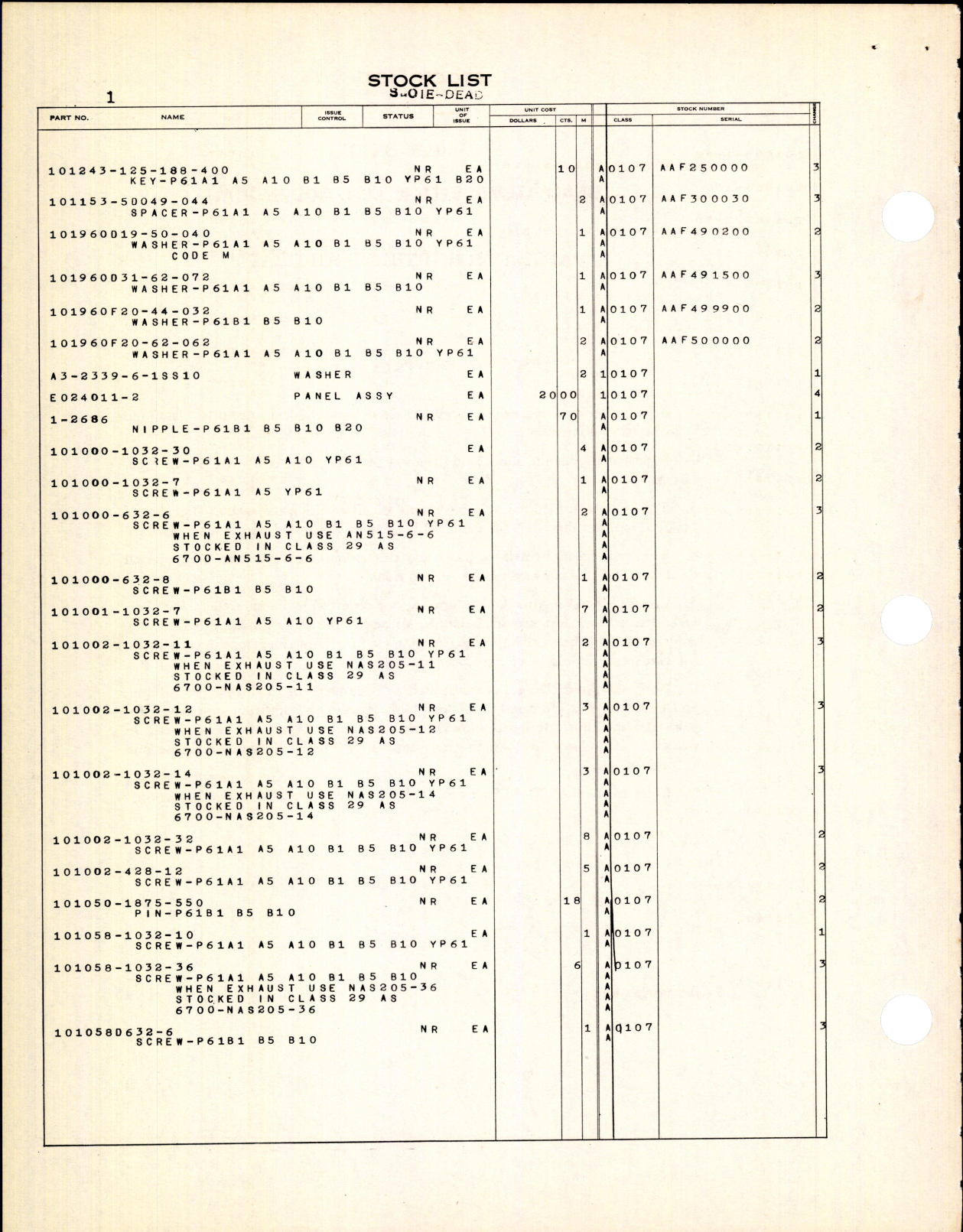 Sample page 4 from AirCorps Library document: Dead Items Stock List for Northrop Aircraft