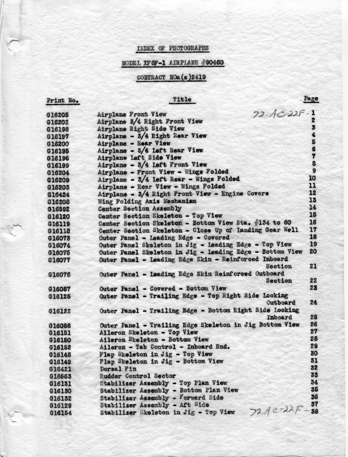 Sample page 1 from AirCorps Library document: Index of Photographs - F8F