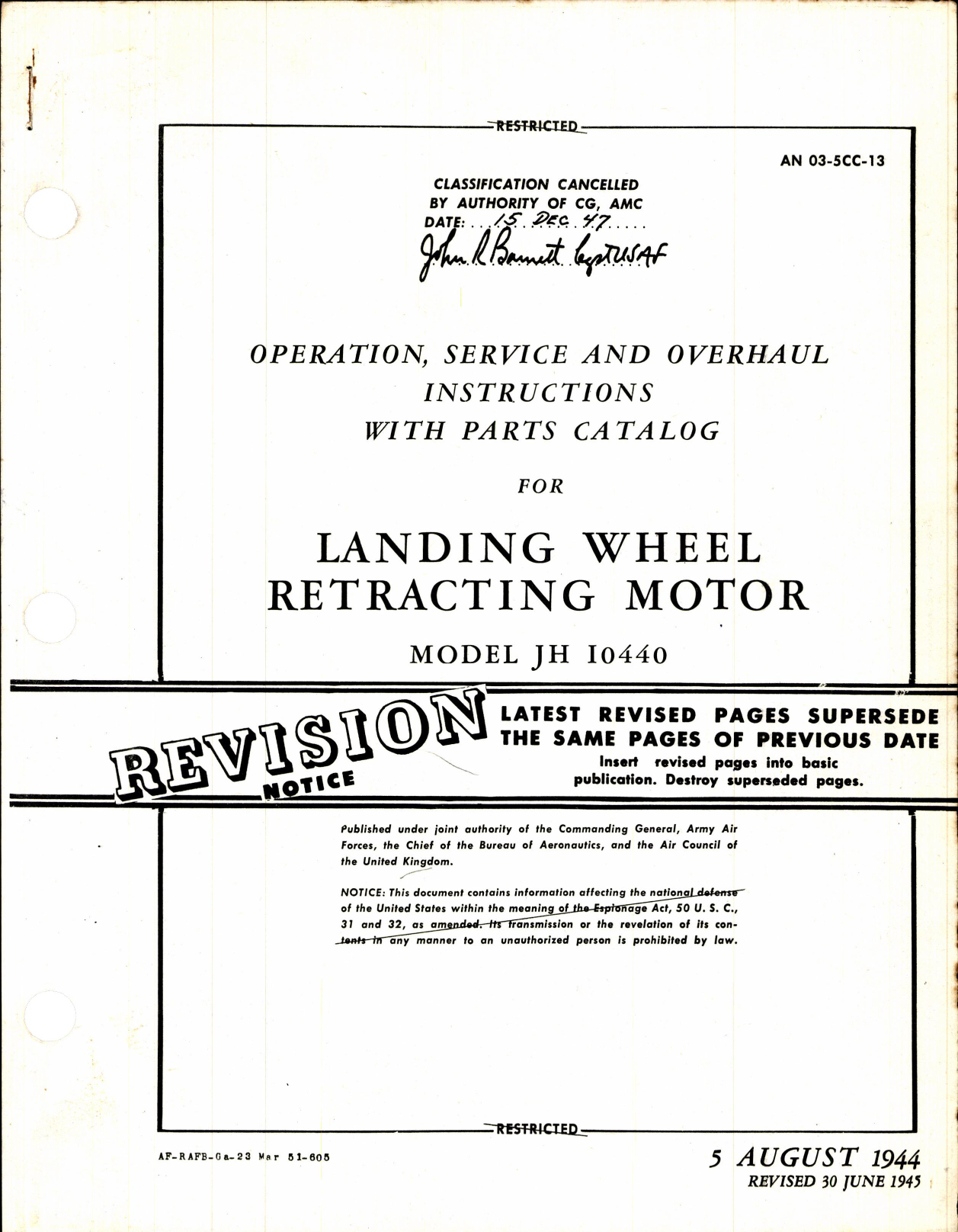 Sample page 1 from AirCorps Library document: Operation, Service, and Overhaul Instructions with Parts Catalog for Landing Wheel Retracting Motor Model JH I0440