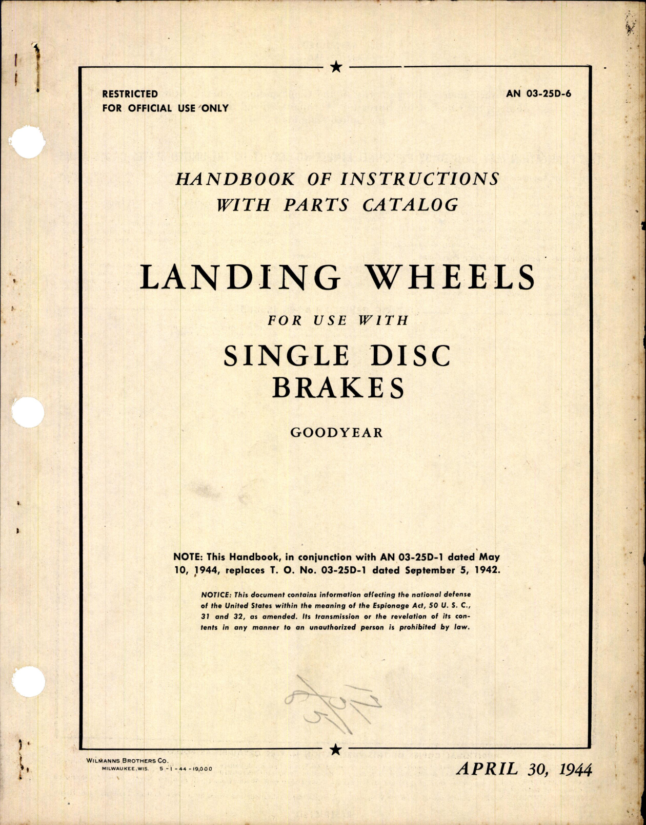 Sample page 1 from AirCorps Library document: Landing Wheels for Use with Single Disk Brakes