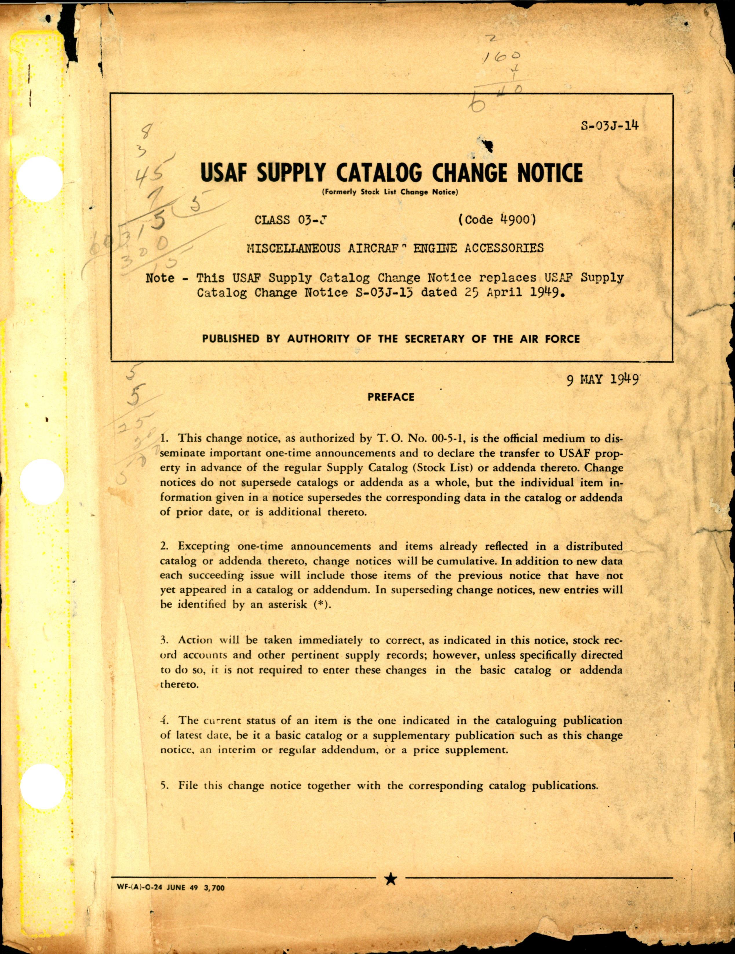 Sample page 1 from AirCorps Library document: USAF Supply Catalog Change Notice - Misc. Aircraft Engine Accessories